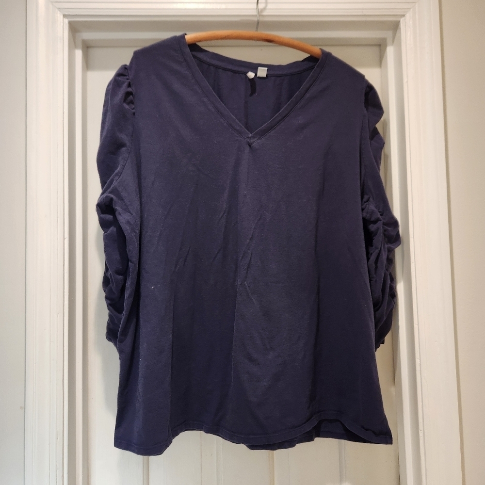 Cato Navy Blue Blouse Size 22 Plus Size Puff Sleeve V-Neck Casual Chic Top